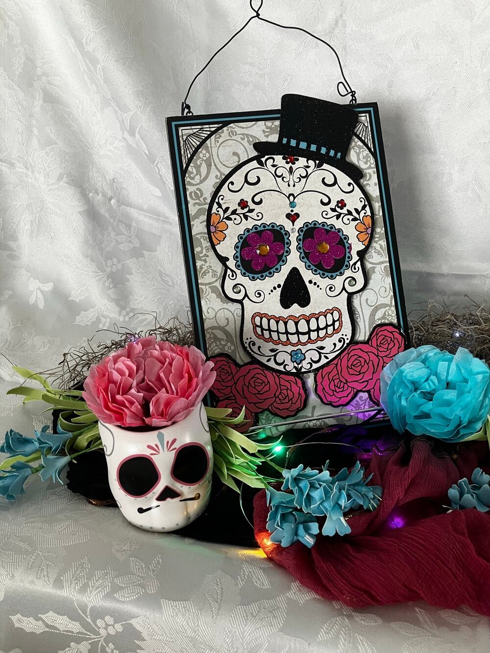 Day of the Dead Tabletop Centerpiece Dia de los Muertos Upcycled Skull Decor